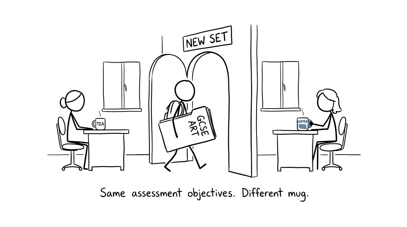 A student discovers that changing Art and Design sets changes the teacher's mug, not the assessment objectives