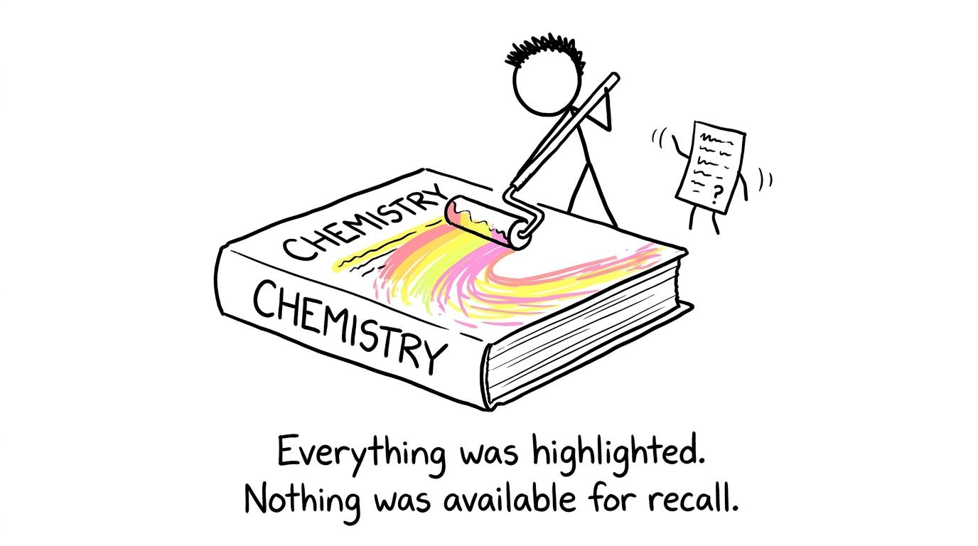 A student discovers that highlighting everything does not guarantee recall