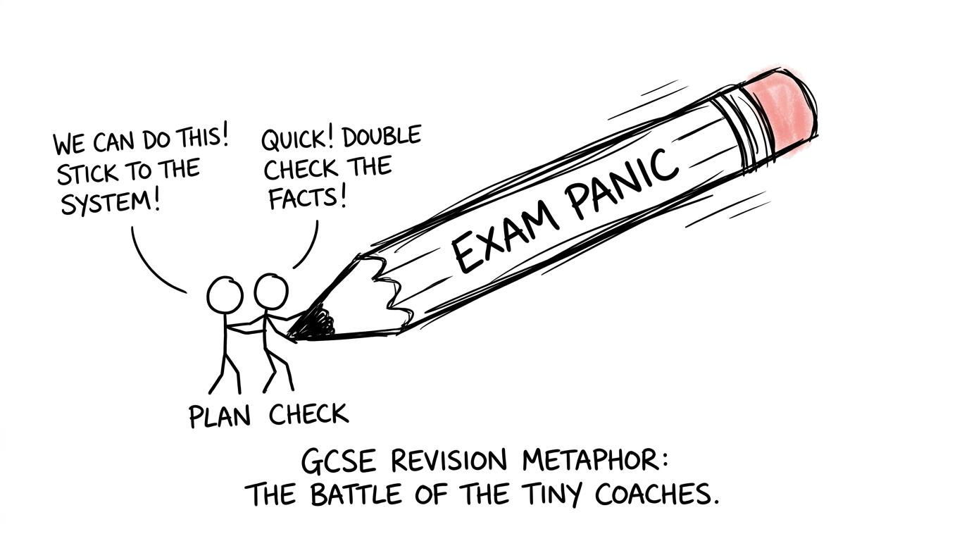 Two tiny revision coaches named Plan and Check try to stop a runaway pencil called Exam panic