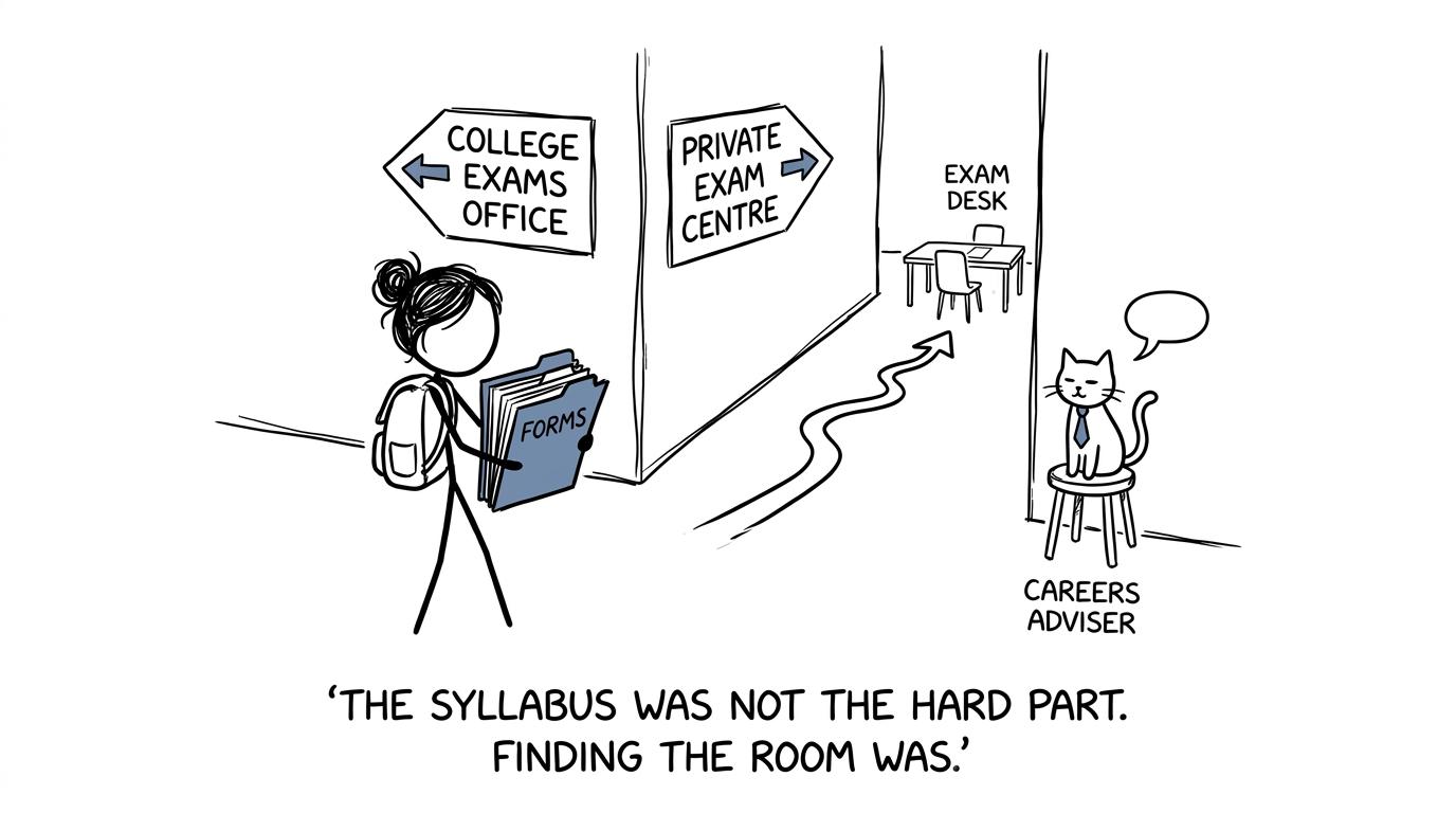 A student discovers that finding the exam room can be harder than finding the syllabus