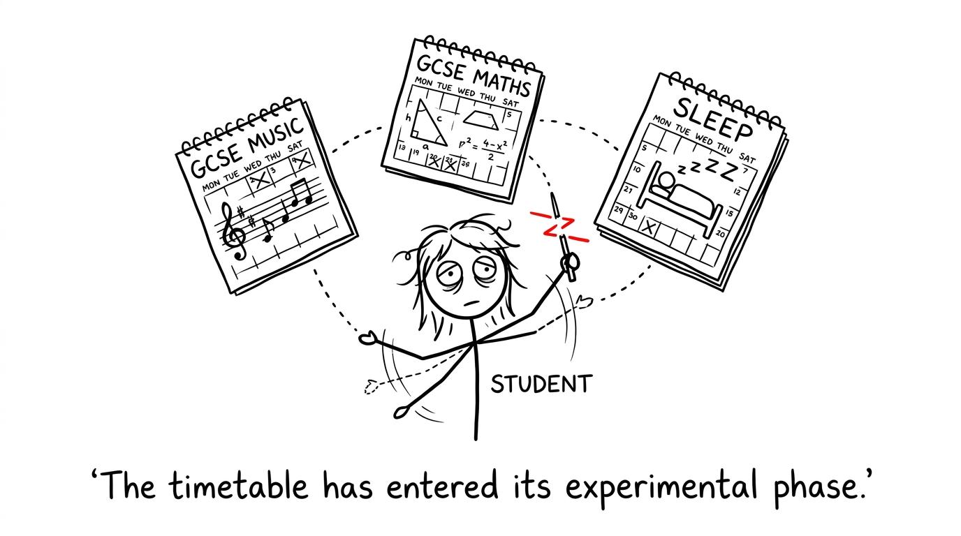 A student conducts a chaotic orchestra of Music revision, Maths revision and sleep calendars