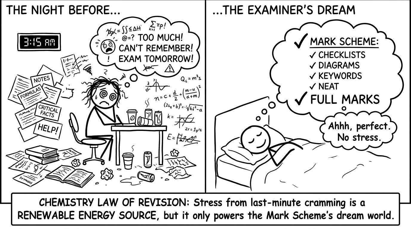 Two students: cramming vs sleeping with a mark scheme tick list