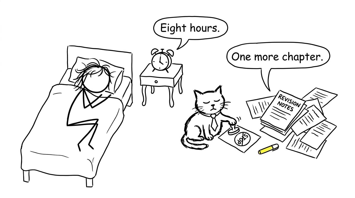 An alarm clock negotiates bedtime with an ambitious pile of revision notes