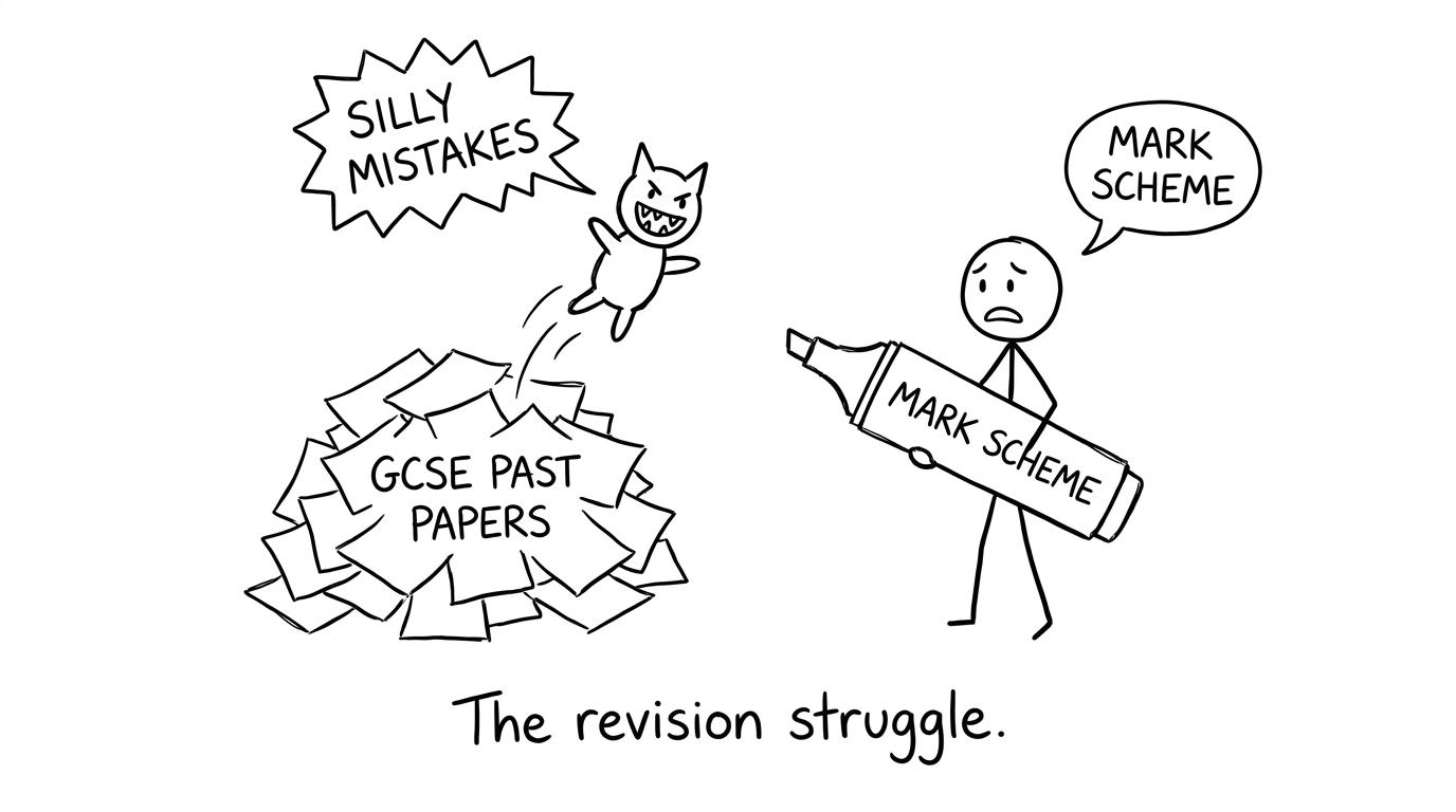 Past papers pile with a “Silly Mistakes” monster and a mark scheme highlighter