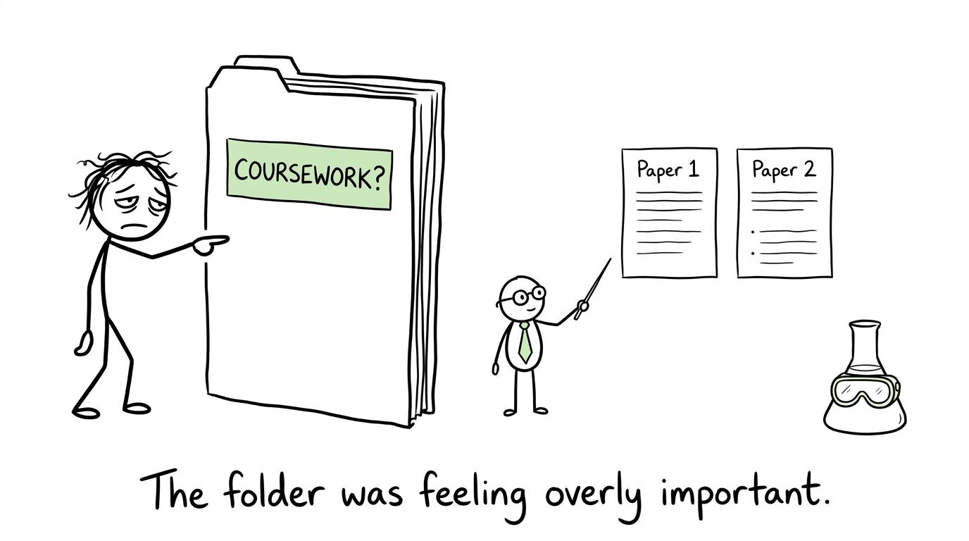A student discovers that the coursework folder is less important than the written papers