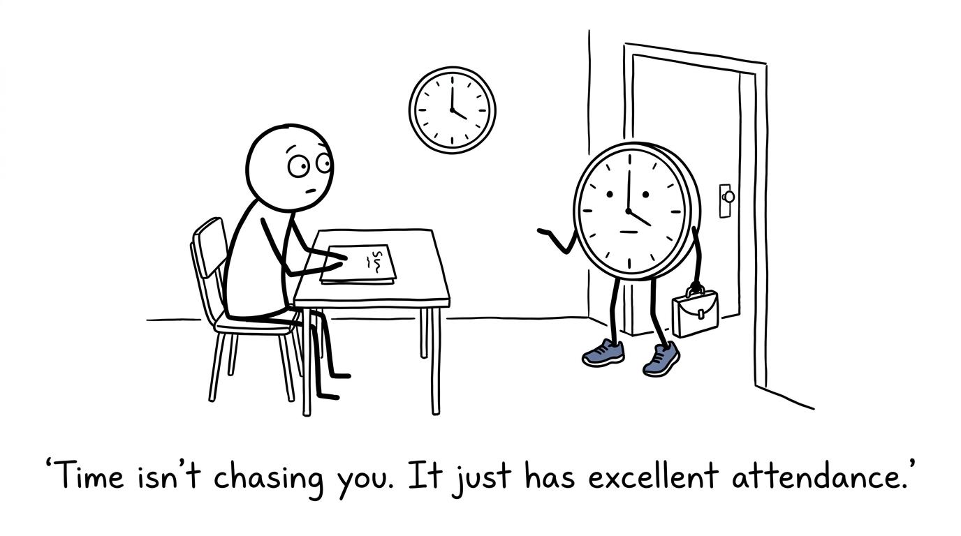 A student realises that the exam clock is waiting rather than chasing them