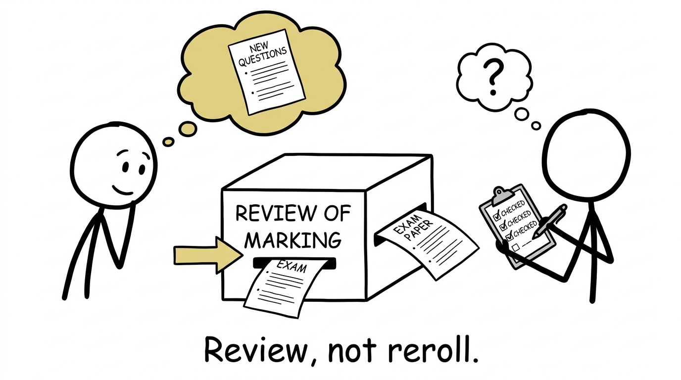 An exam paper going through a review machine rather than being randomly rerolled