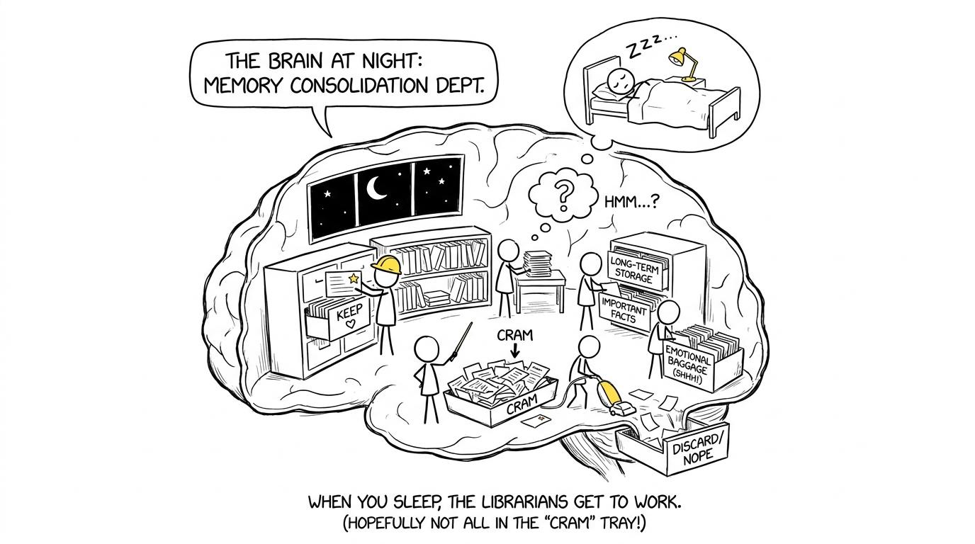 Tiny librarians inside a sleeping brain sort useful revision cards away from an overflowing cram tray
