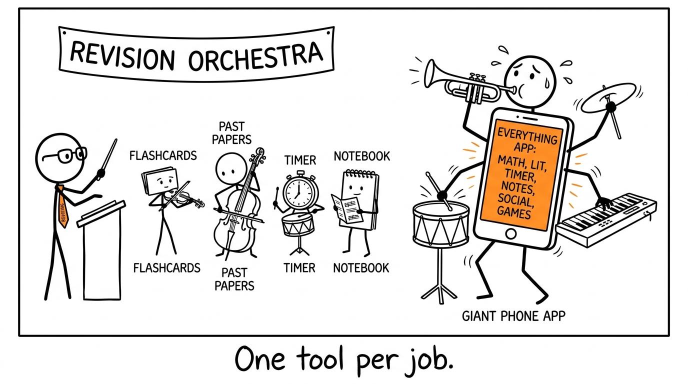 A student conducts an orchestra of revision tools while one overloaded app tries to do everything