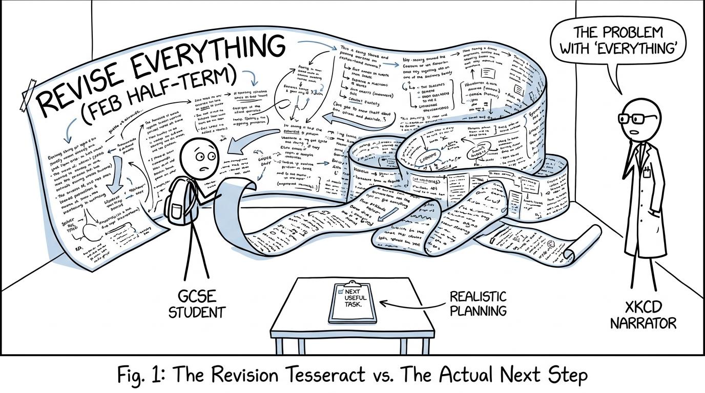 A student choosing a sensible revision checklist over an enormous plan to revise everything