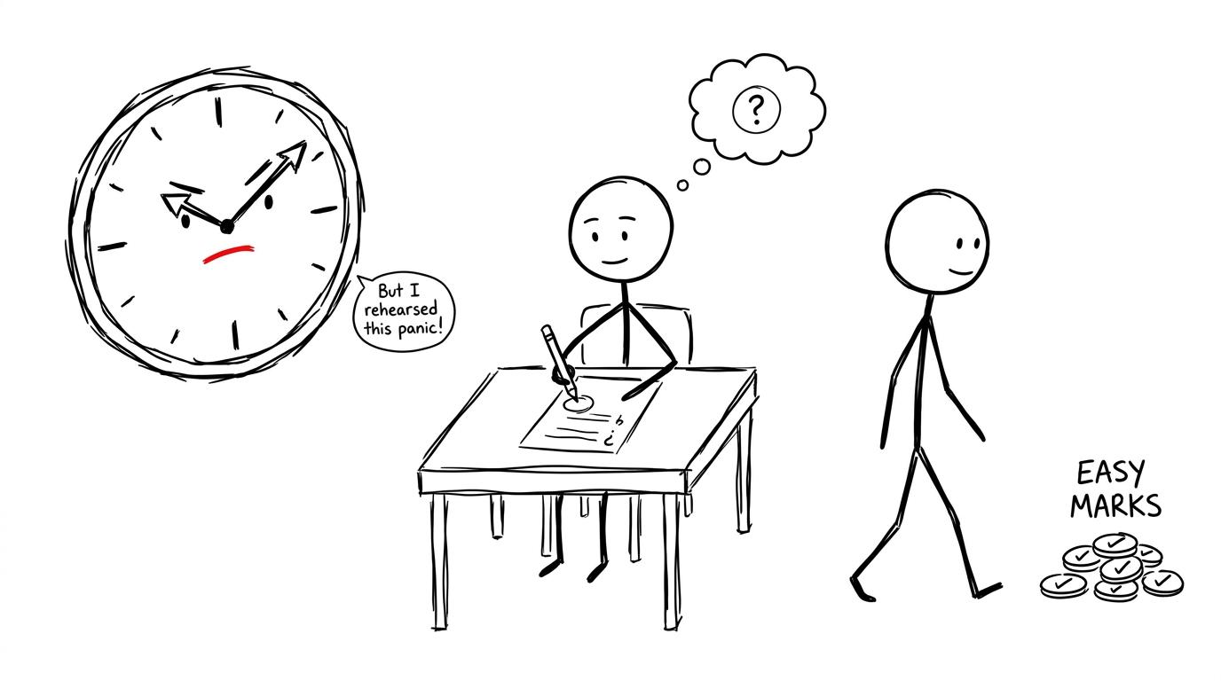 A dramatic exam clock is disappointed when a student calmly moves on and banks easier marks