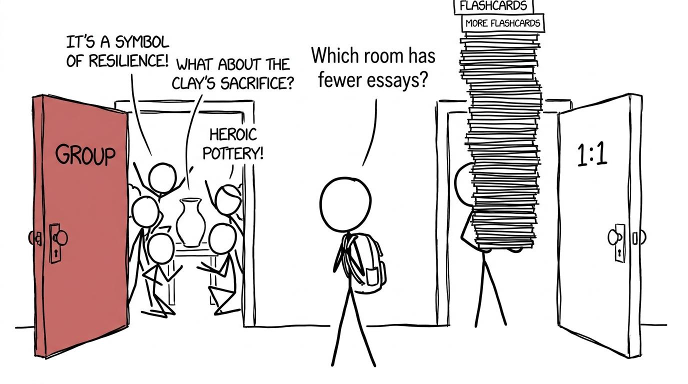 A student choosing between lively group tuition and an enormous stack of one-to-one flashcards