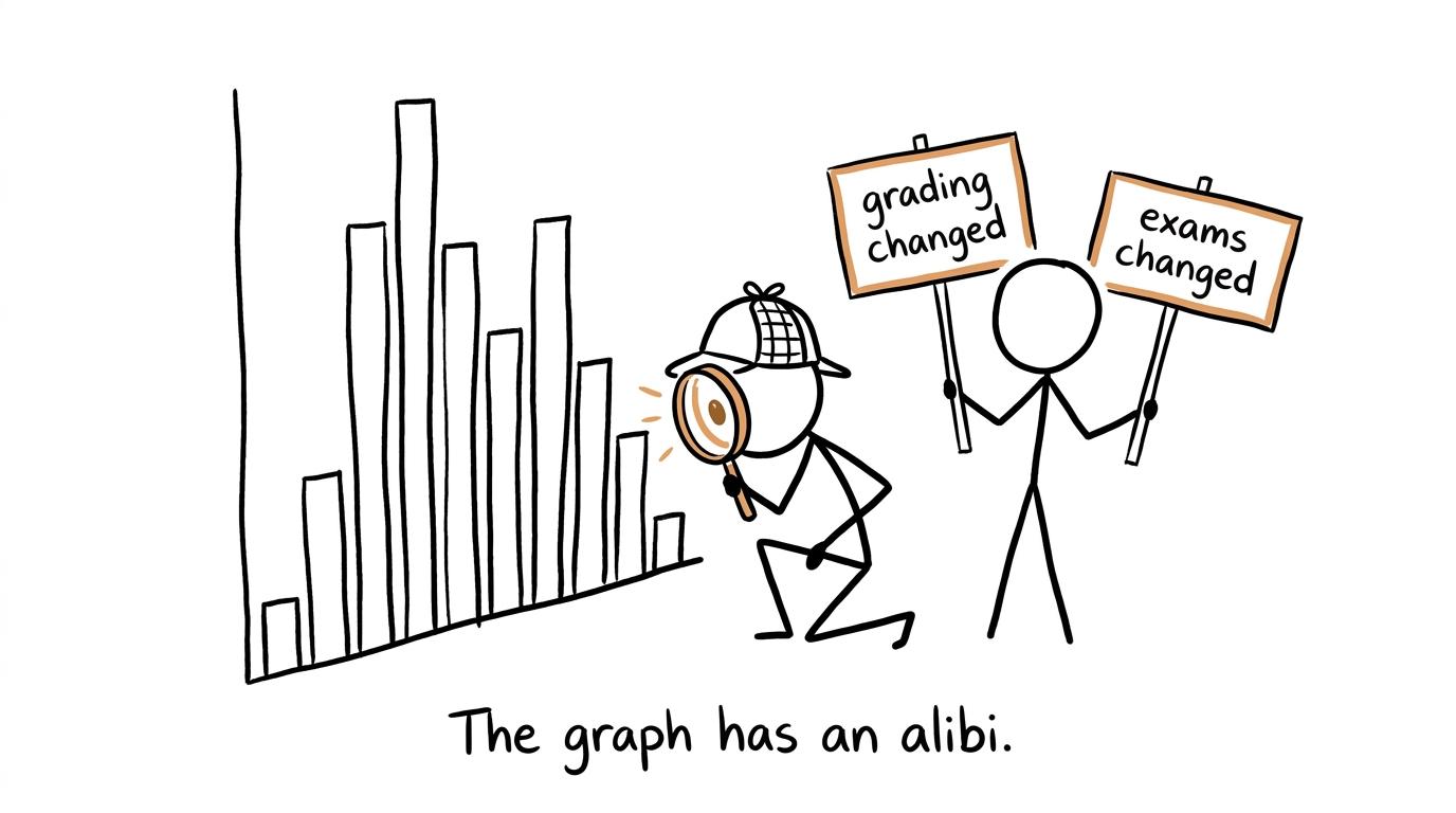 A student detective investigates an exam-results graph with several alibis