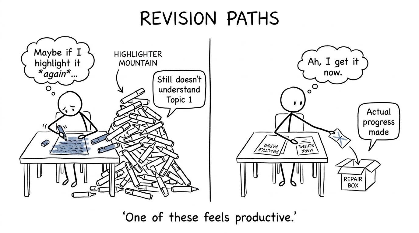 One student highlights endlessly while another repairs a specific mistake after checking the mark scheme