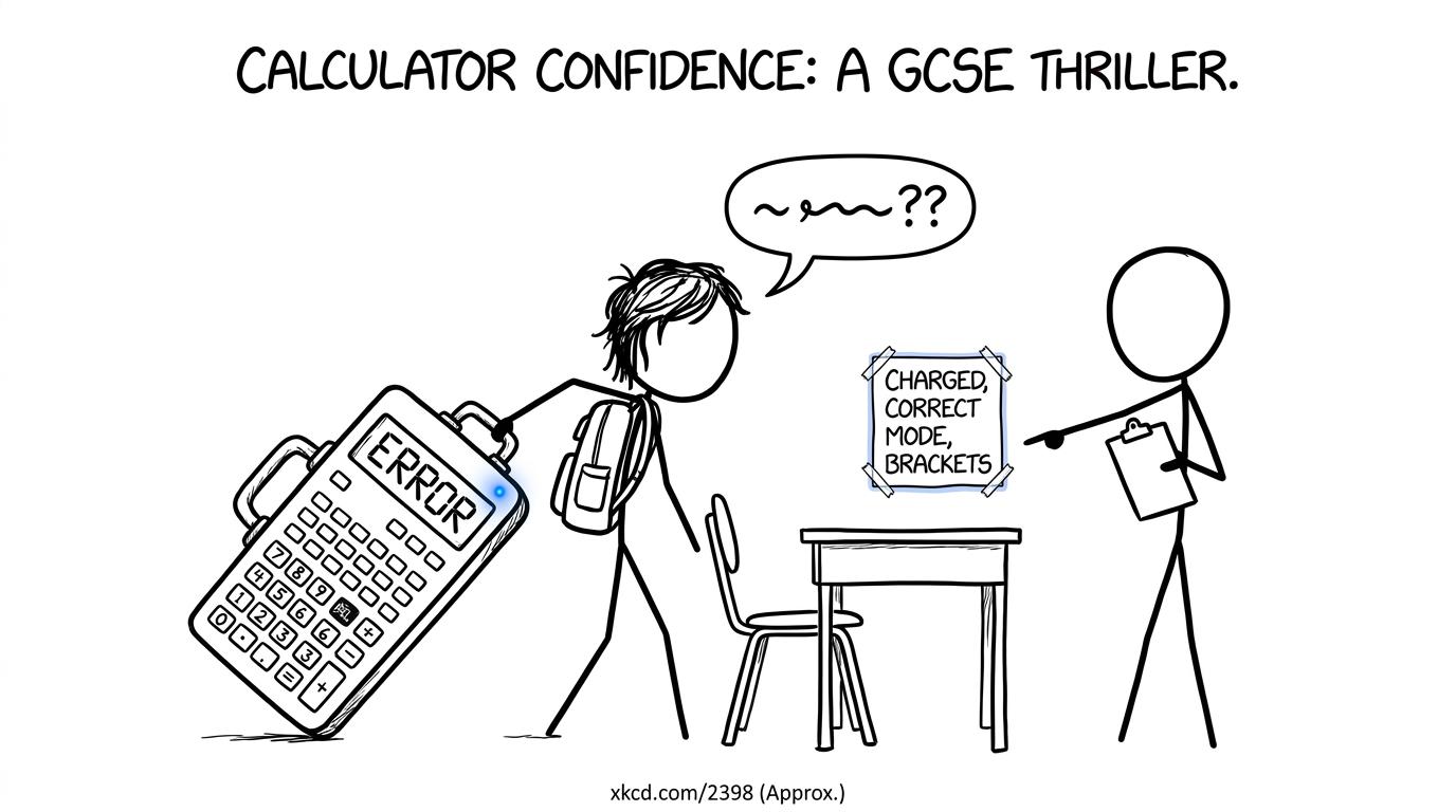 A student arrives with an enormous calculator while an invigilator points to a simple calculator checklist