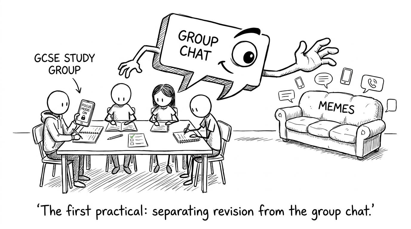 A study group resisting the lure of its group chat