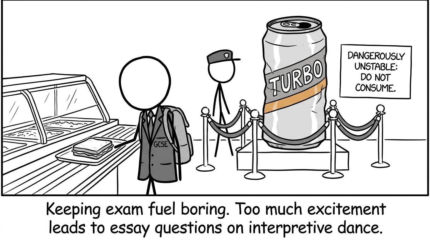 A normal sandwich cautiously avoids a turbo energy drink before an exam