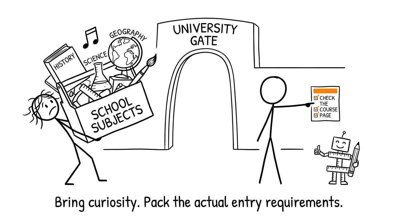 A student carries every subject while a friend points towards the actual course requirements