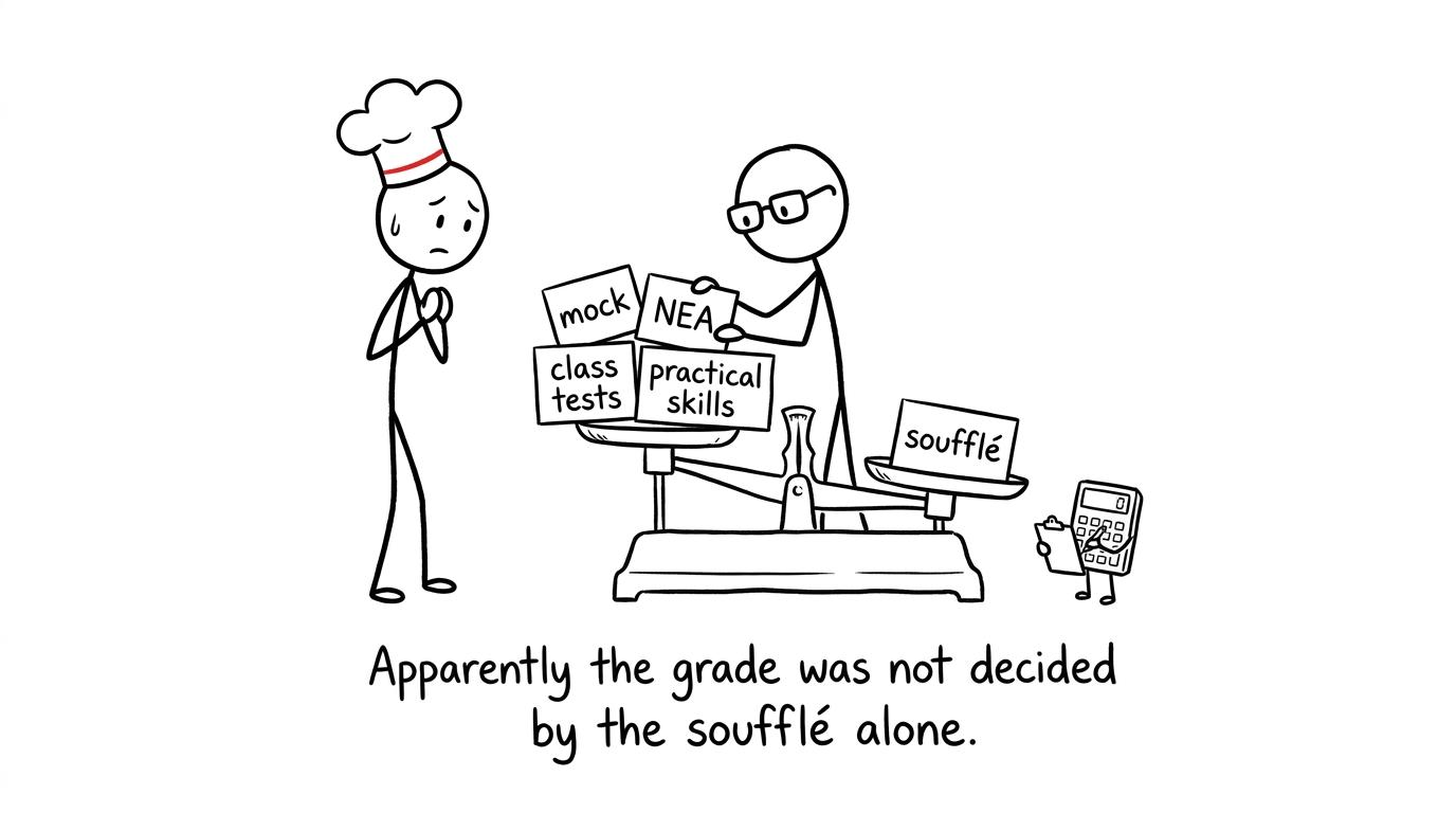 A teacher balances mock, NEA and practical evidence while deciding a predicted grade