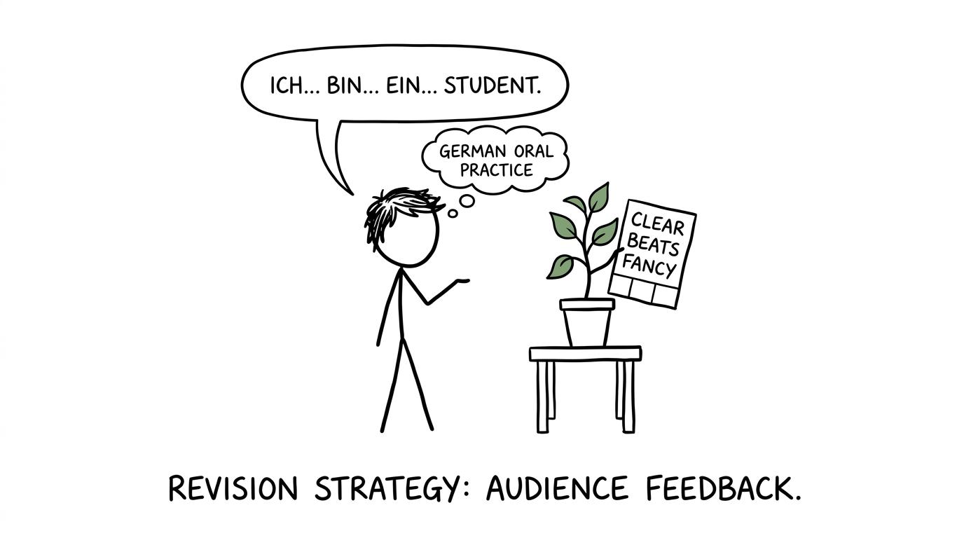 A German speaking candidate learns from a houseplant that clarity beats unnecessary complexity