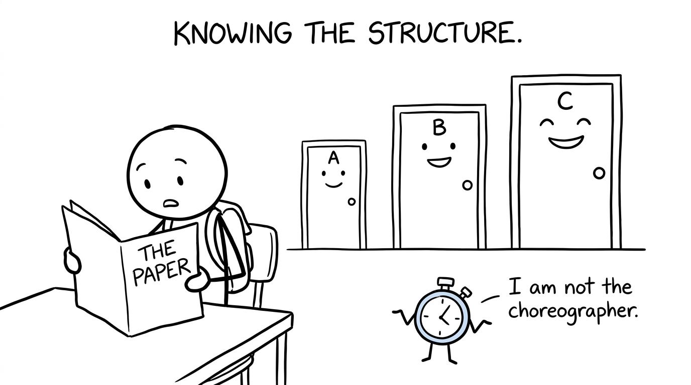 A student meets three increasingly large exam sections