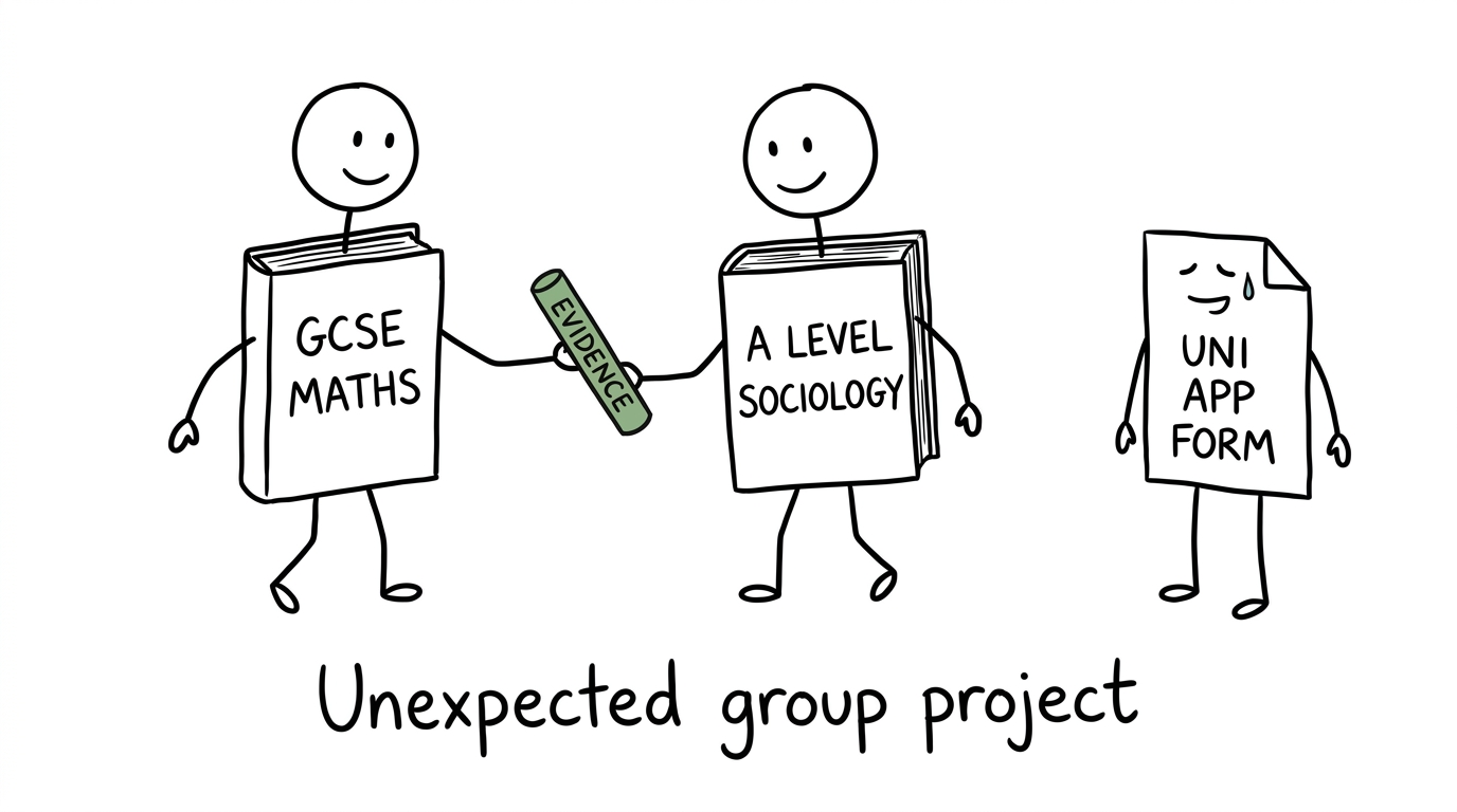GCSE Maths and Sociology textbooks pass an evidence baton