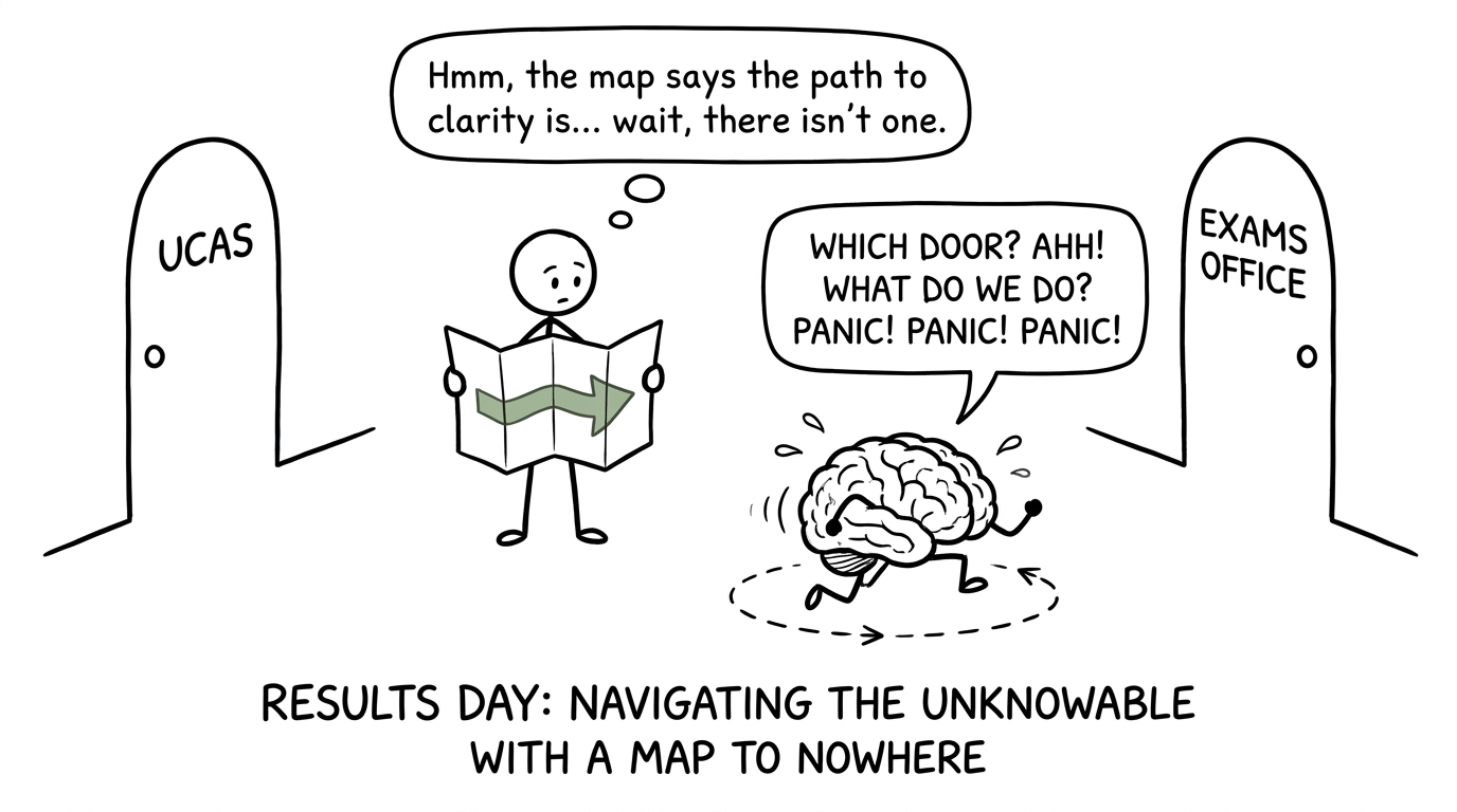 A student chooses between the UCAS and exams office doors while a cartoon brain panics