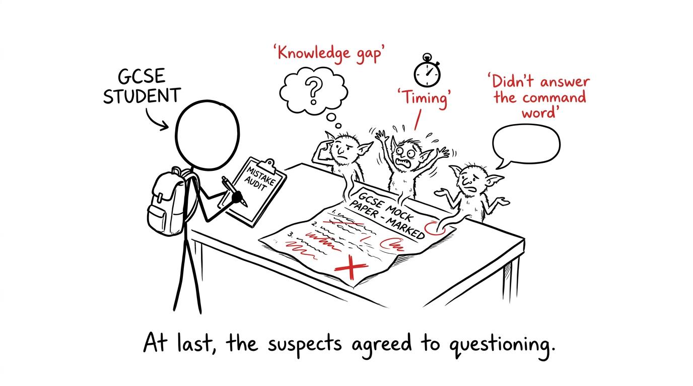 A student questions three mistake gremlins emerging from a marked mock