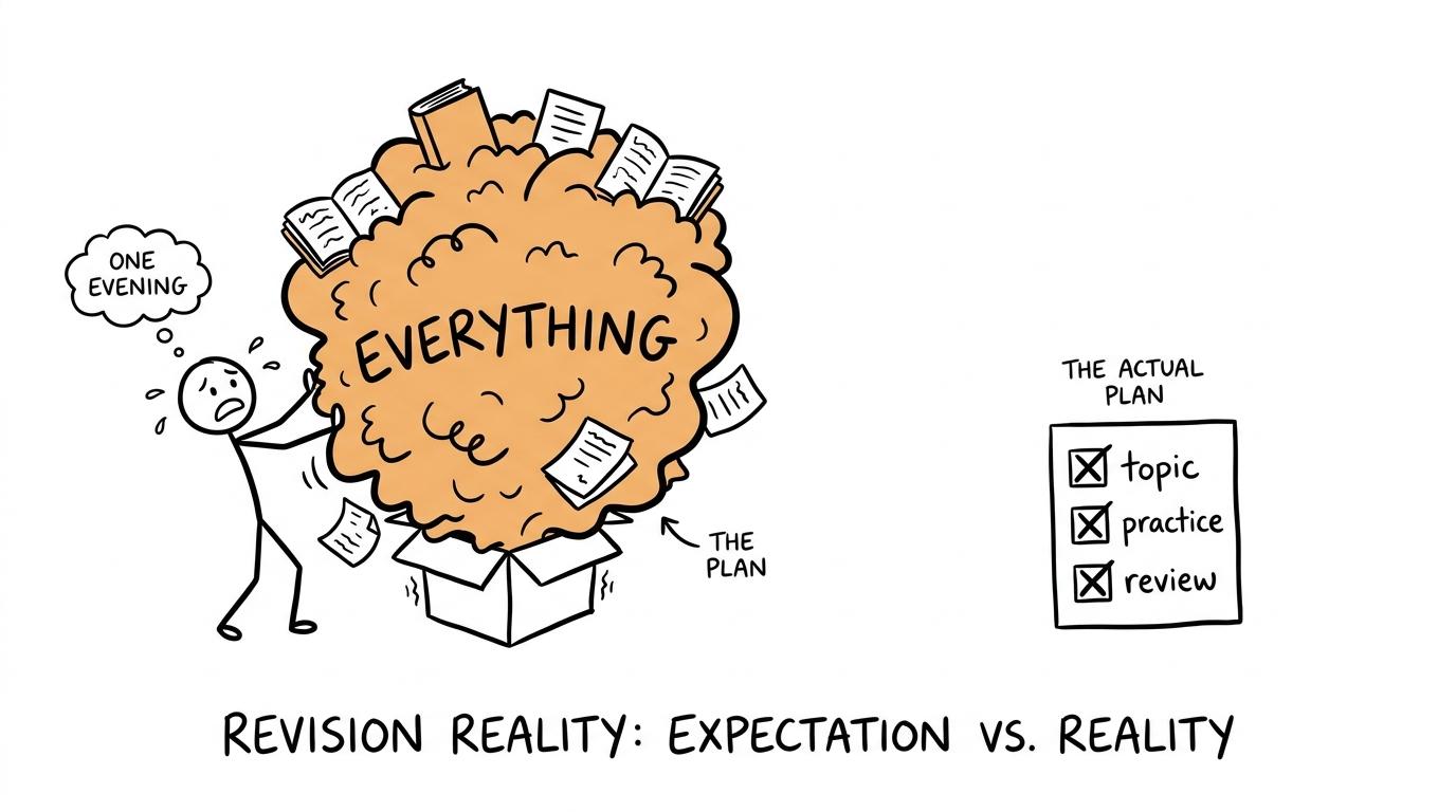 A giant revision pile competes with a small sensible checklist