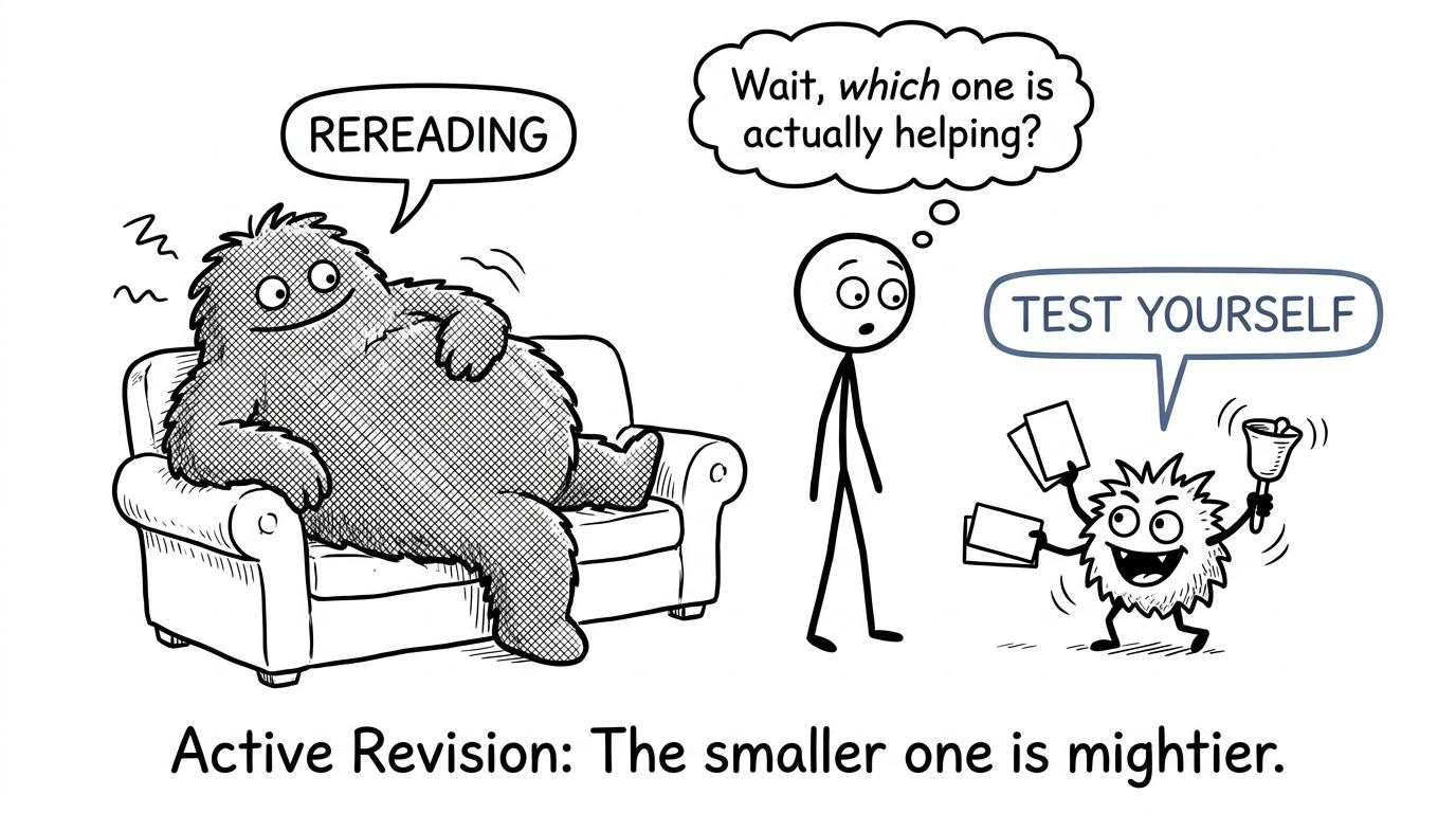 The energetic self-testing monster interrupts the comfortable rereading monster