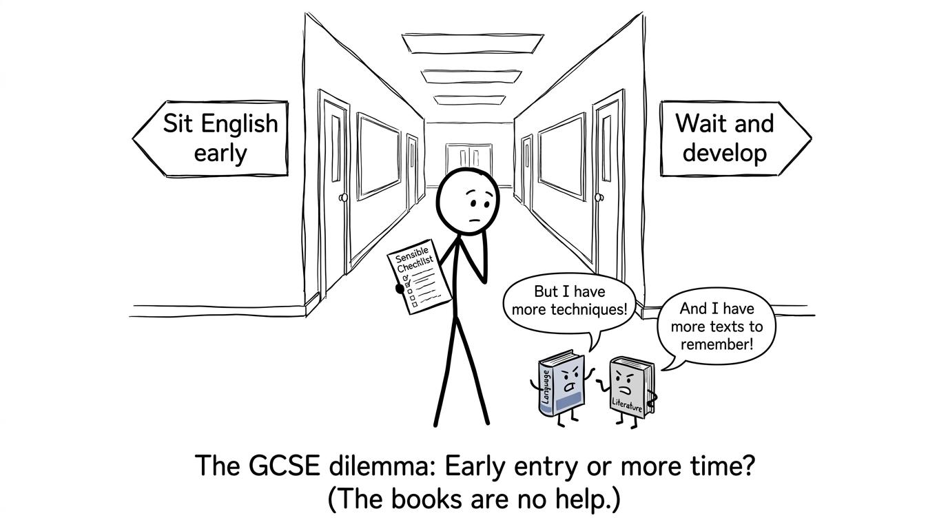 A student calmly comparing two routes through GCSE English