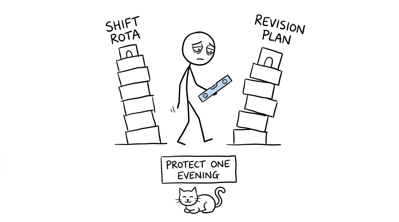 A student balancing a shift rota and revision plan