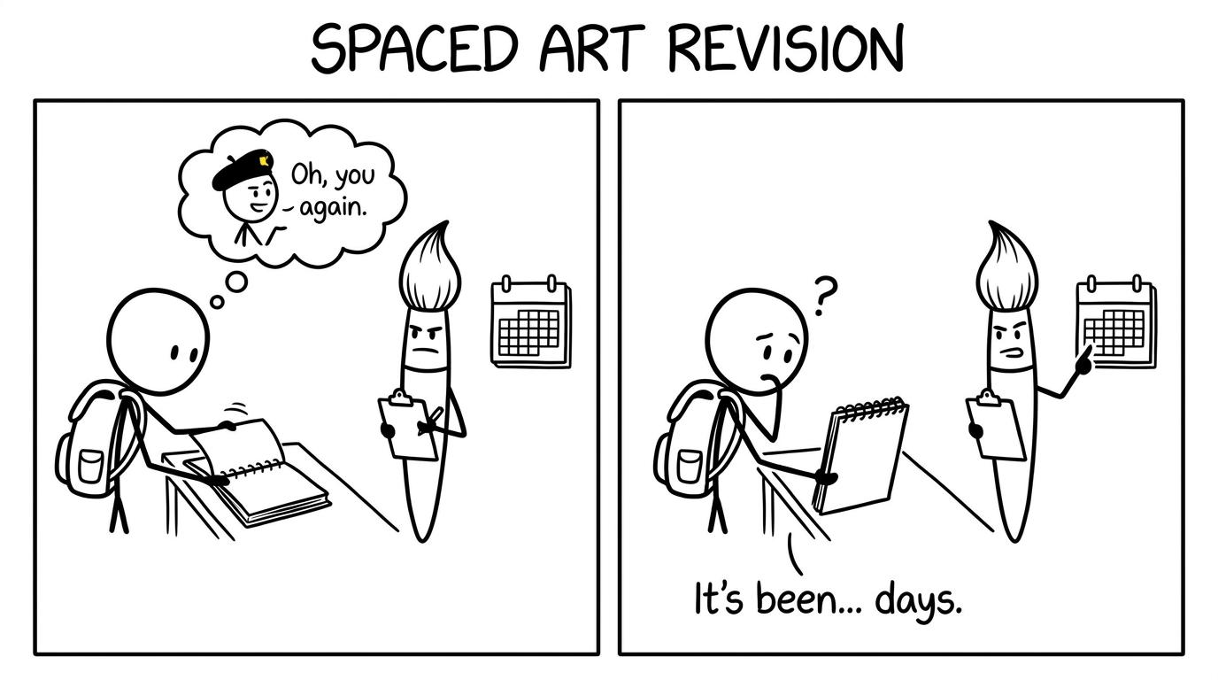 A tiny memory in a beret recognises a student reopening a sketchbook
