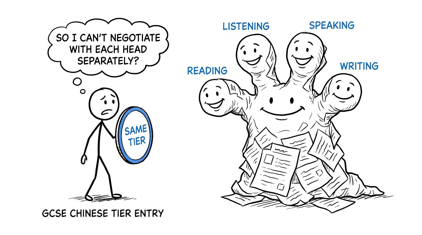 A four-headed exam paper monster meeting a student with one Same Tier shield