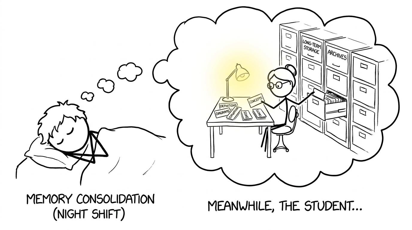 A sleeping student's brain working as a night-shift librarian for definitions and diagrams