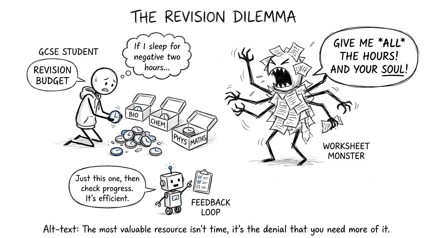 A revision budget is divided between science and maths while a worksheet monster asks for everything