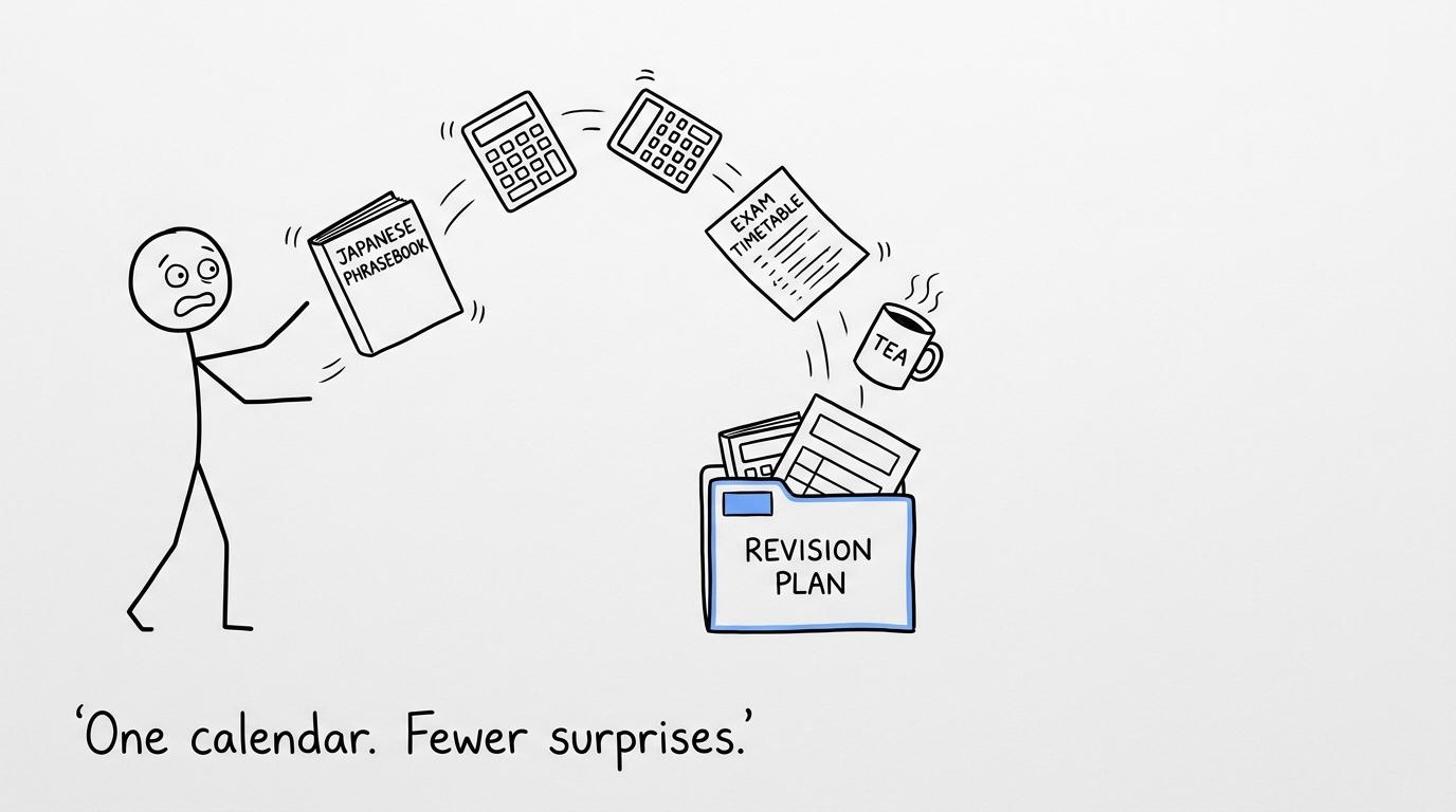 A student juggling Japanese and maths revision materials