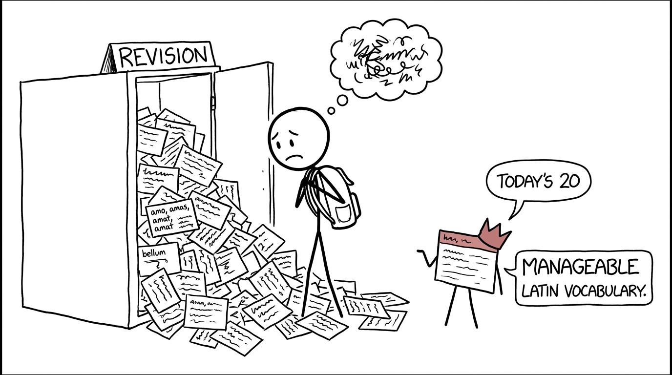 A calm flashcard survives an avalanche from the revision cupboard