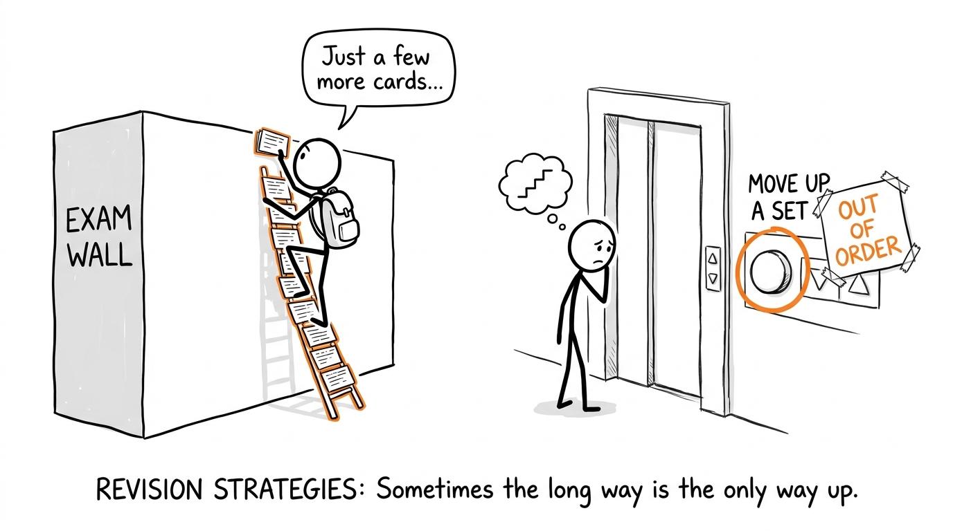 A revision-card ladder succeeding beside an out-of-order set-movement lift