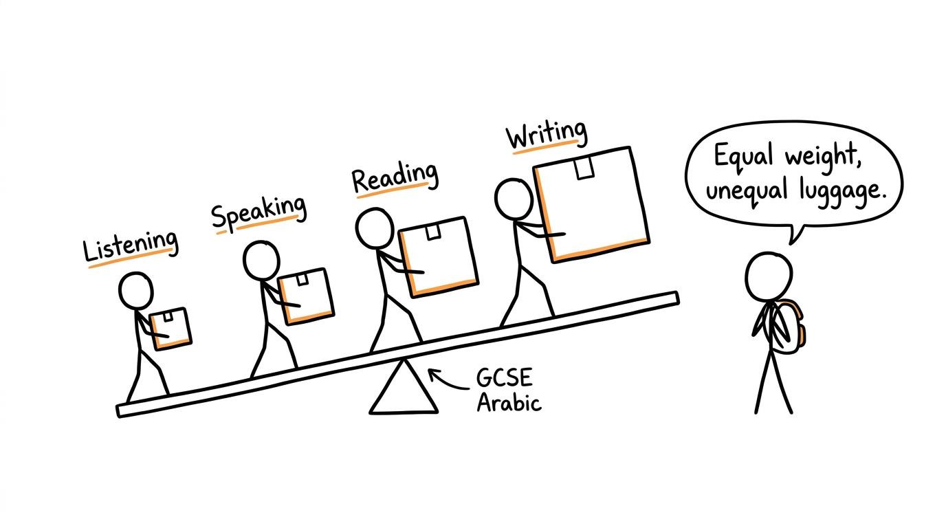 Four GCSE Arabic skills carry different boxes onto an equally balanced seesaw