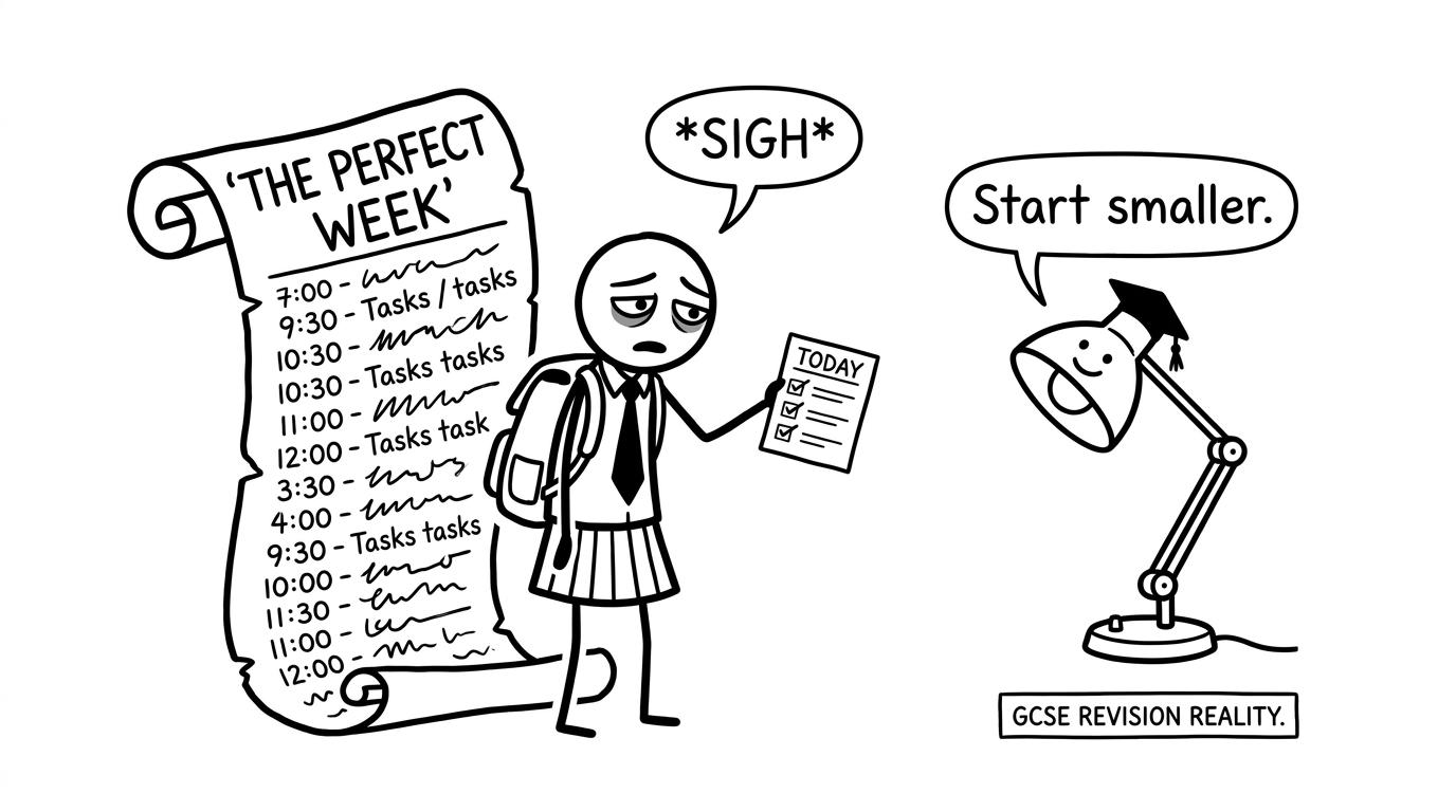 A student replaces a toppled perfect timetable with a small checklist for today