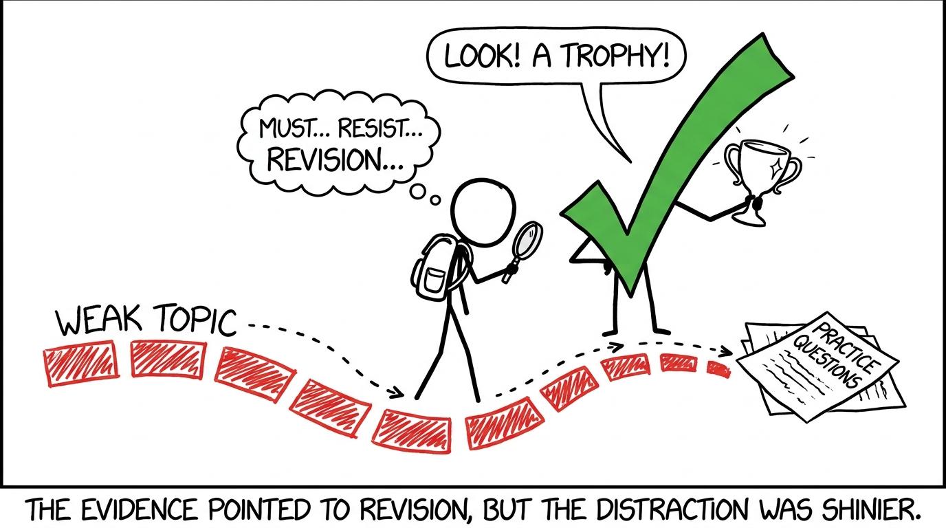 A revision detective follows weak-topic evidence towards practice questions