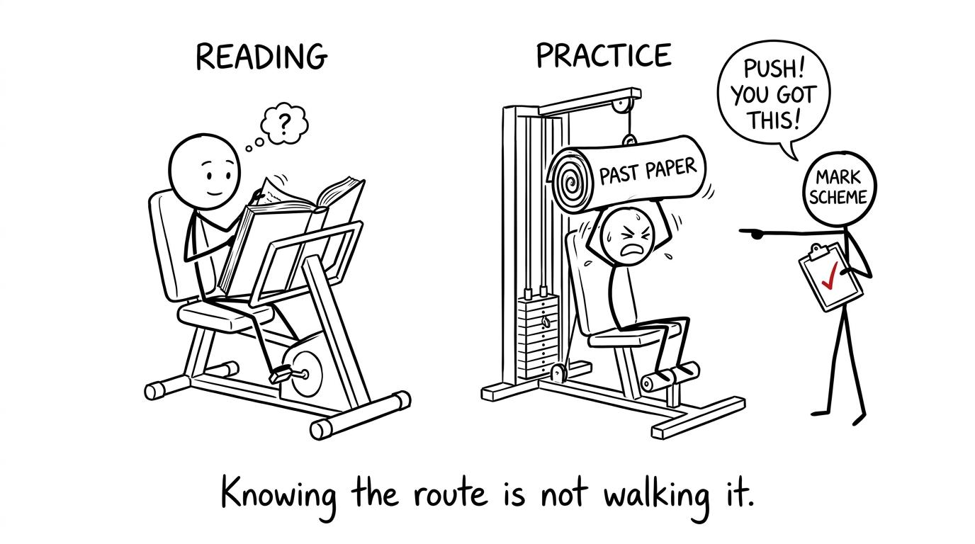 In a revision gym, reading shows the route while practice builds the strength