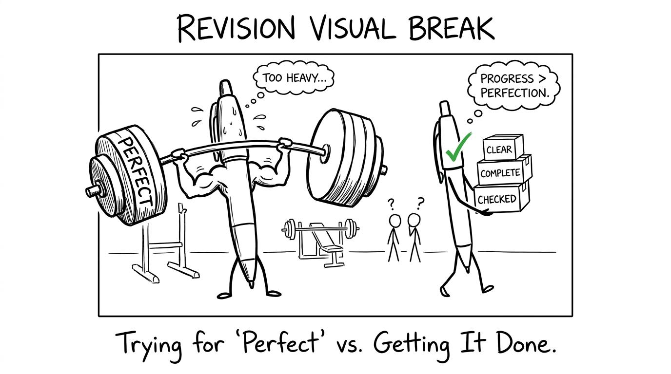 Two cartoon pens discover that clear and complete beats perfect