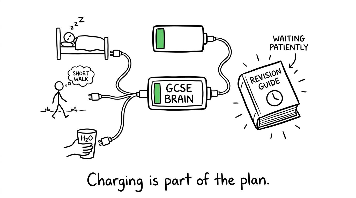 A brain battery charging from sleep, water and a short walk while revision waits