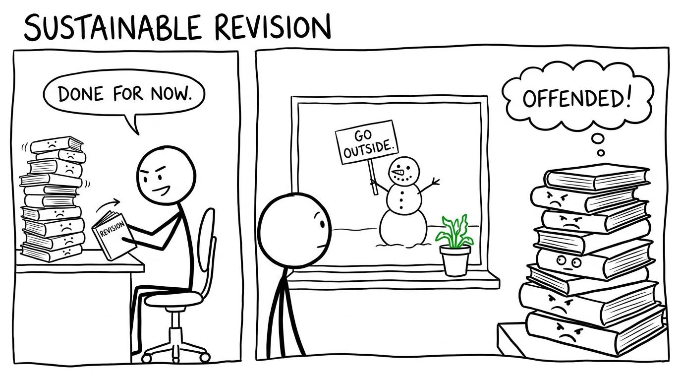 A snowman reminding a student to finish revision and go outside