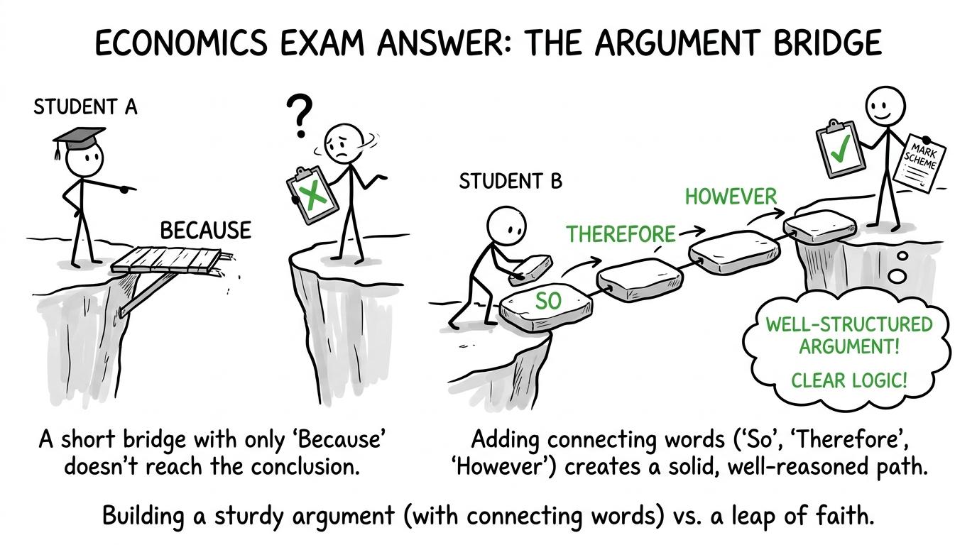 An economics answer becomes a bridge as a student adds because, therefore and however