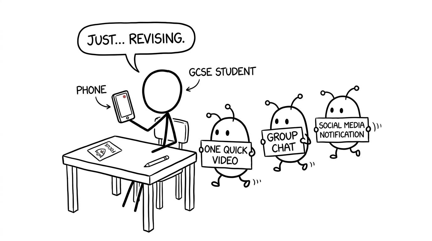 Phone notifications attempt to interrupt an economics revision session