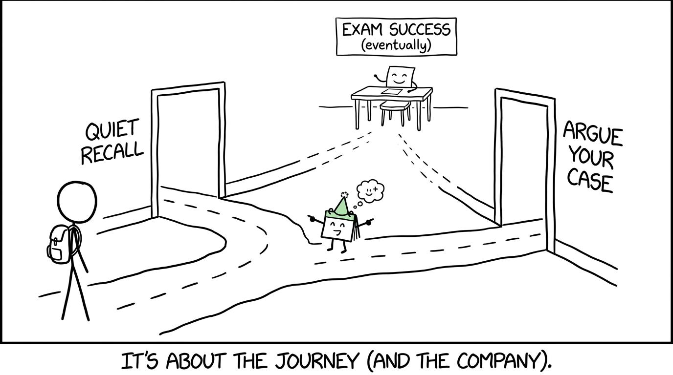 Two revision routes lead towards the same exam desk