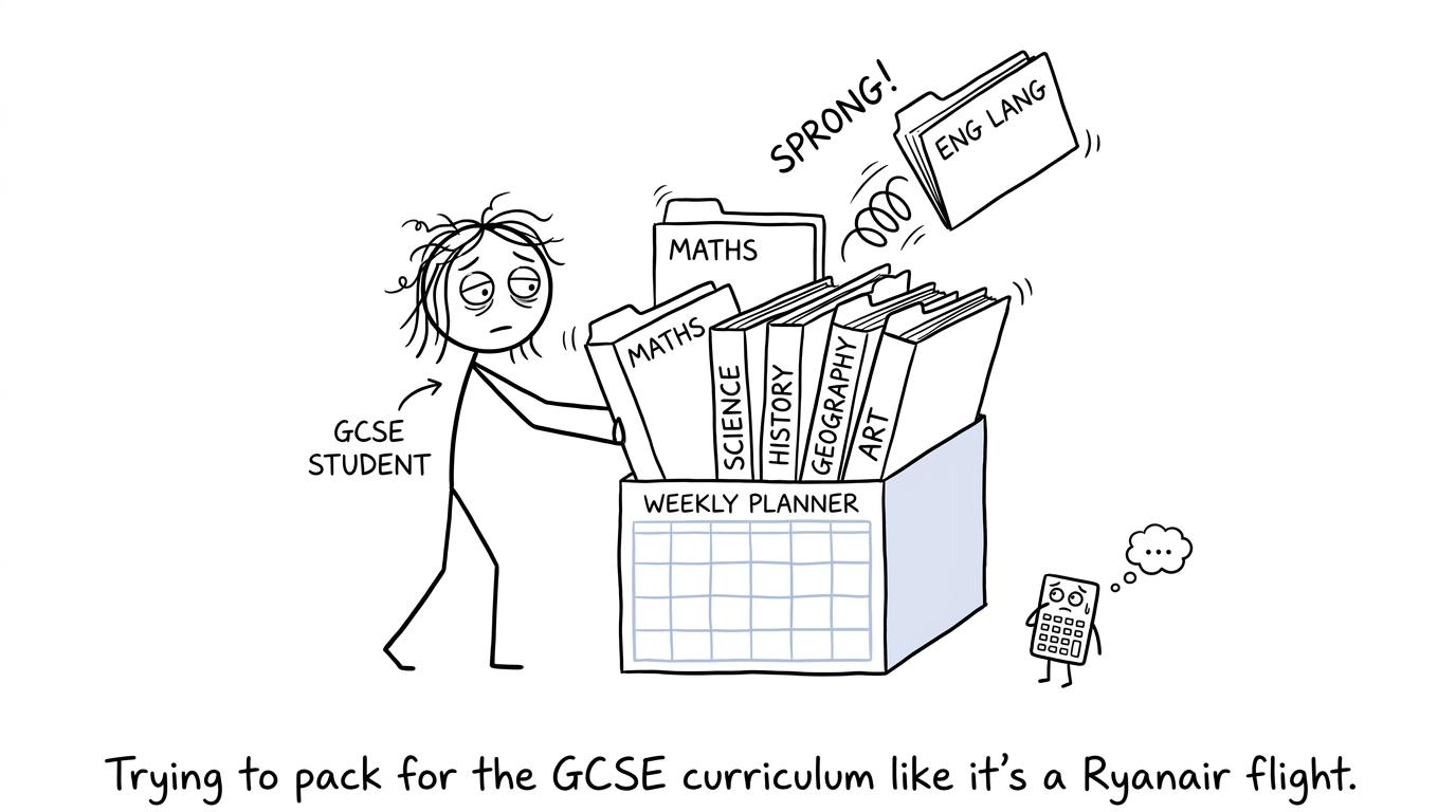 A student attempts to fit six subject folders into a tiny revision calendar